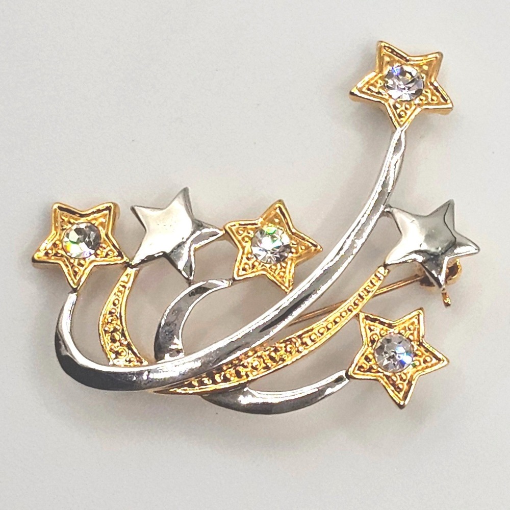 Shooting Star Brooch Gold & Silver‎ Tone Rhinestone Sparkle 2" Statement Pin
